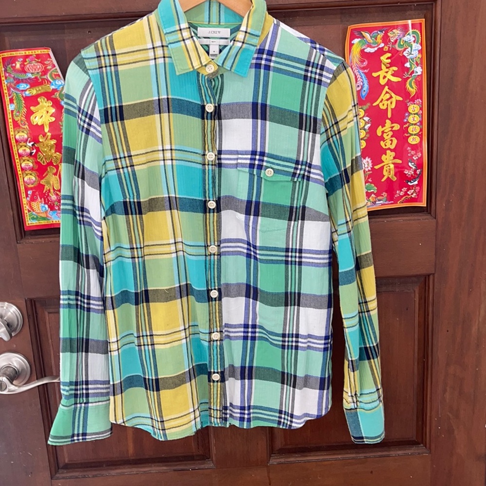 JCrew button front plaid shirt with great unusual colors! Green aqua blue